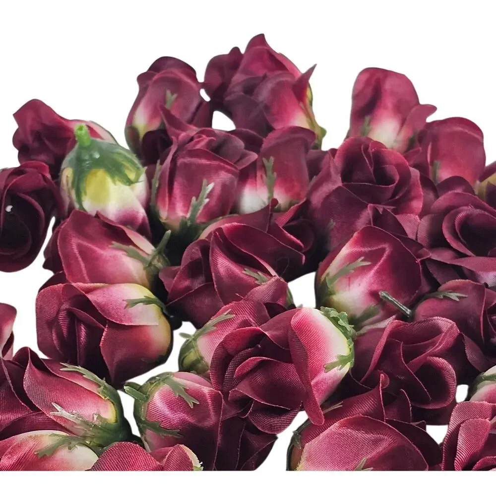 50 Wine Red Satin Rose Buds Stemless Wedding Floral Craft DIY 2 inch Burgundy